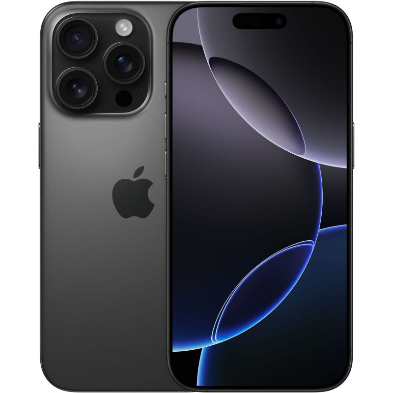 Smartphone in Schwarz mit Vorder- und Rückansicht, Display mit blau-schwarzem ab