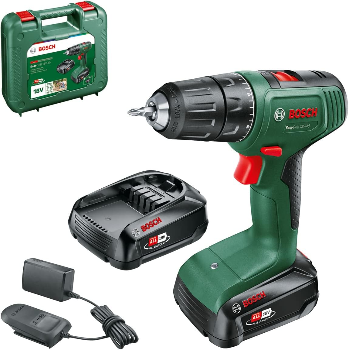 Bosch EasyDrill 18V-40 Akku-Bohrschrauber mit 2-Gang-Getriebe, 2 Akkus im Koffer, kompakte Bauform, handlicher Elektrowerkzeug