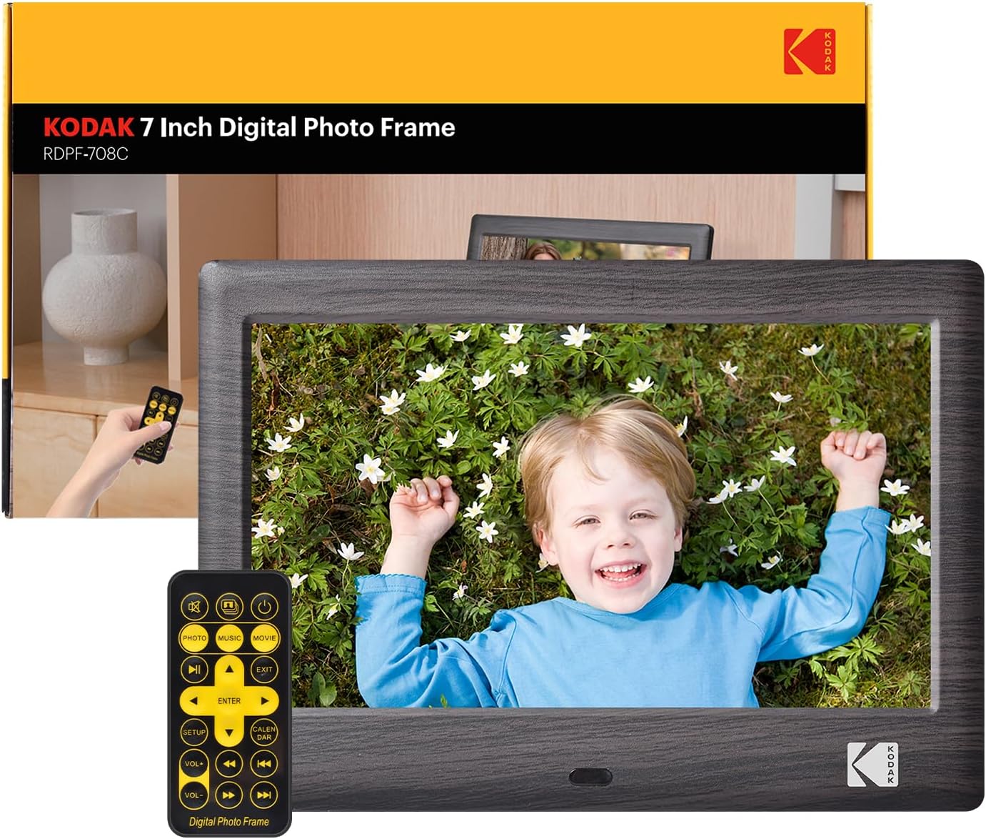 KODAK 7 Zoll Digitaler Bilderrahmen RDPF-708c, Elektronischer Fotorahmen, IPS-Bildschirm, Foto/Musik/Video Player/Kalender/Alarm, Unterstützung USB Oder SD Karte, Automatisch Drehende, mit Fernbedienung - re:tech