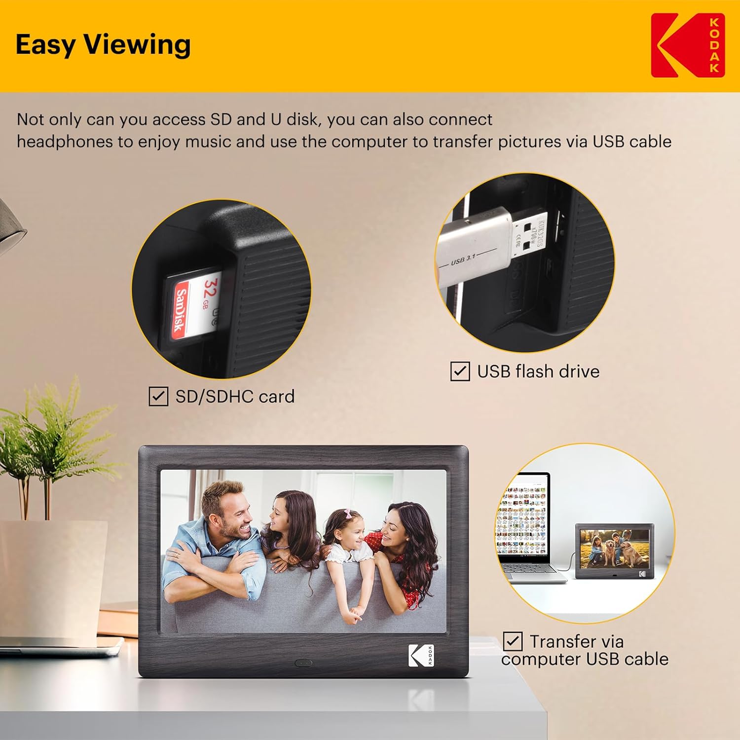 KODAK 7 Zoll Digitaler Bilderrahmen RDPF-708c, Elektronischer Fotorahmen, IPS-Bildschirm, Foto/Musik/Video Player/Kalender/Alarm, Unterstützung USB Oder SD Karte, Automatisch Drehende, mit Fernbedienung - re:tech