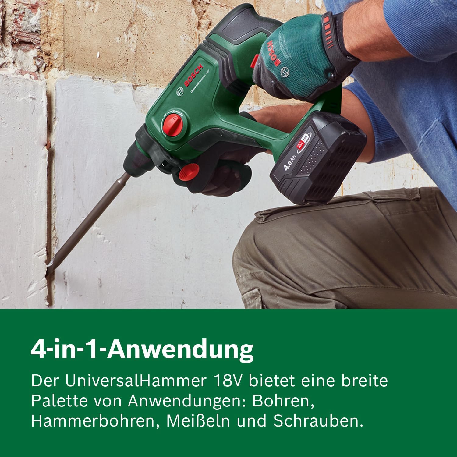 Bosch UniversalHammer 18V Akku-Bohrhammer mit SDS plus, inkl. Akku und Koffer, in Gebrauch mit Bohrarbeiten.