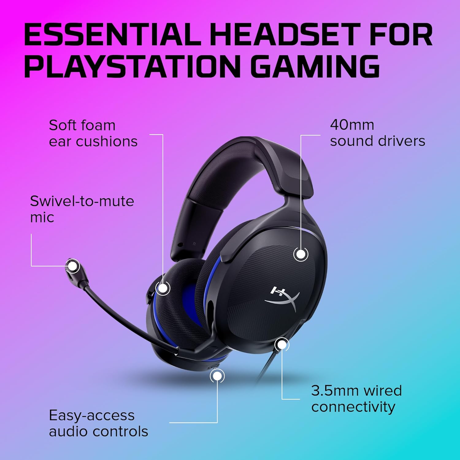 HyperX Cloud Stinger 2 Core Gaming-Headset für PlayStation, schwarz, Over-Ear, 40mm-Treiber, Mikrofon, 3,5-mm-Klinke, leicht
