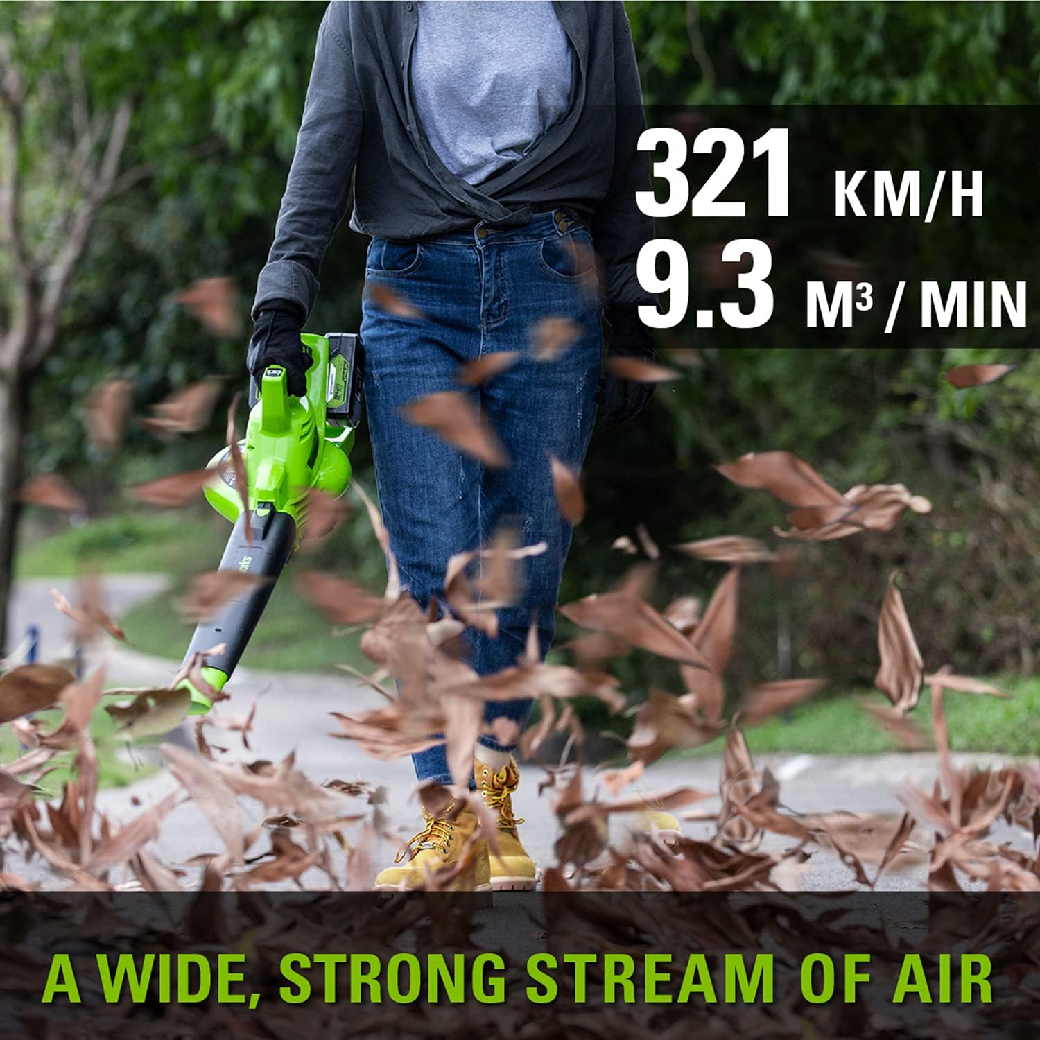 Greenworks Akku Laubsauger und Laubbläser mit Schultergurt, bürstenlosem Motor, 322 km/h, 45L Fangkorb, inklusive Batterien und Ladegerät.
