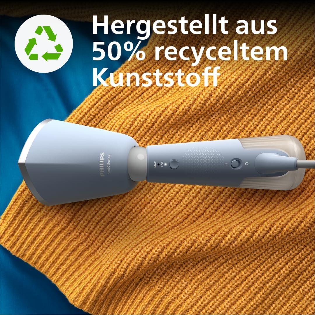 Philips Dampfglätter 5000-Serie (STH5020/20) - 35 Sekunden Aufheizen, aktiv beheizte Dampfplatte, Eco-Modus, für empfindliche Textilien, dampft vertikal & horizontal, Handschuh & Beutel, himmelblau - re:tech