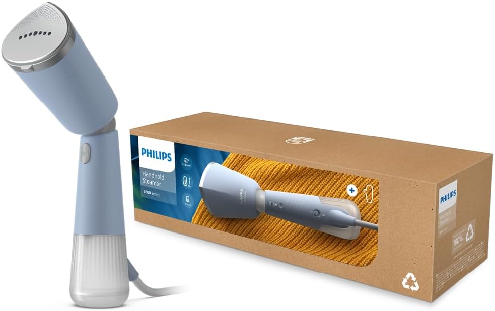 Philips Dampfglätter 5000-Serie (STH5020/20) - 35 Sekunden Aufheizen, aktiv beheizte Dampfplatte, Eco-Modus, für empfindliche Textilien, dampft vertikal & horizontal, Handschuh & Beutel, himmelblau - re:tech