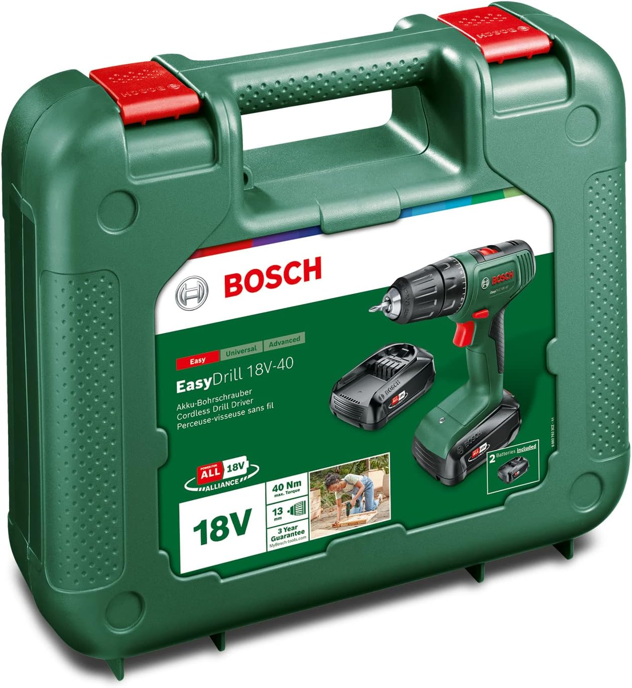 Bosch EasyDrill 18V-40 Akku-Bohrschrauber mit 2-Gang-Getriebe, 2 Akkus im Koffer, kompakte Bauweise, handliches Elektrowerkzeug