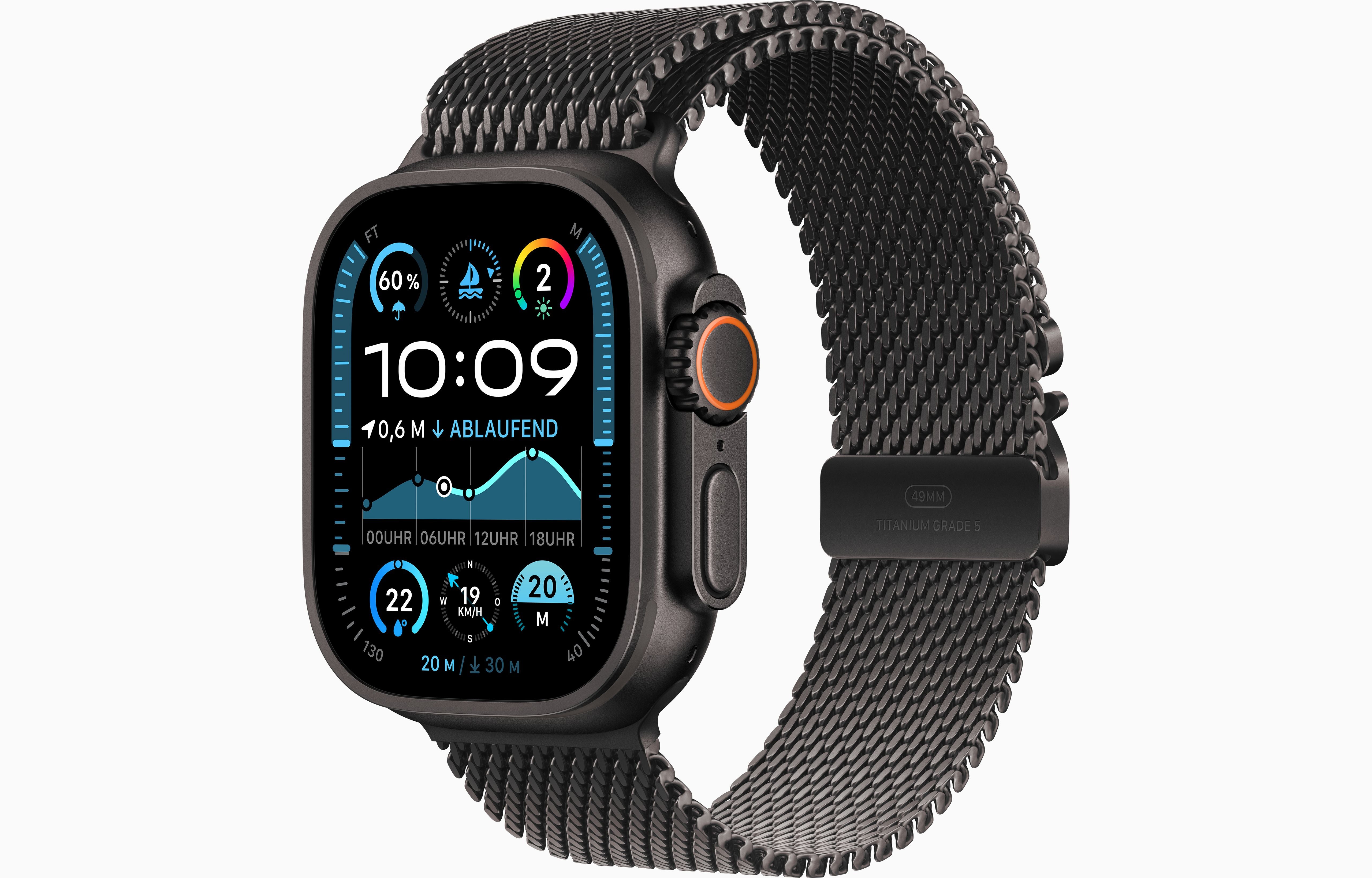 Seitliche Ansicht der Smartwatch mit drehbarer Krone und sportlichem Mesh-Armband