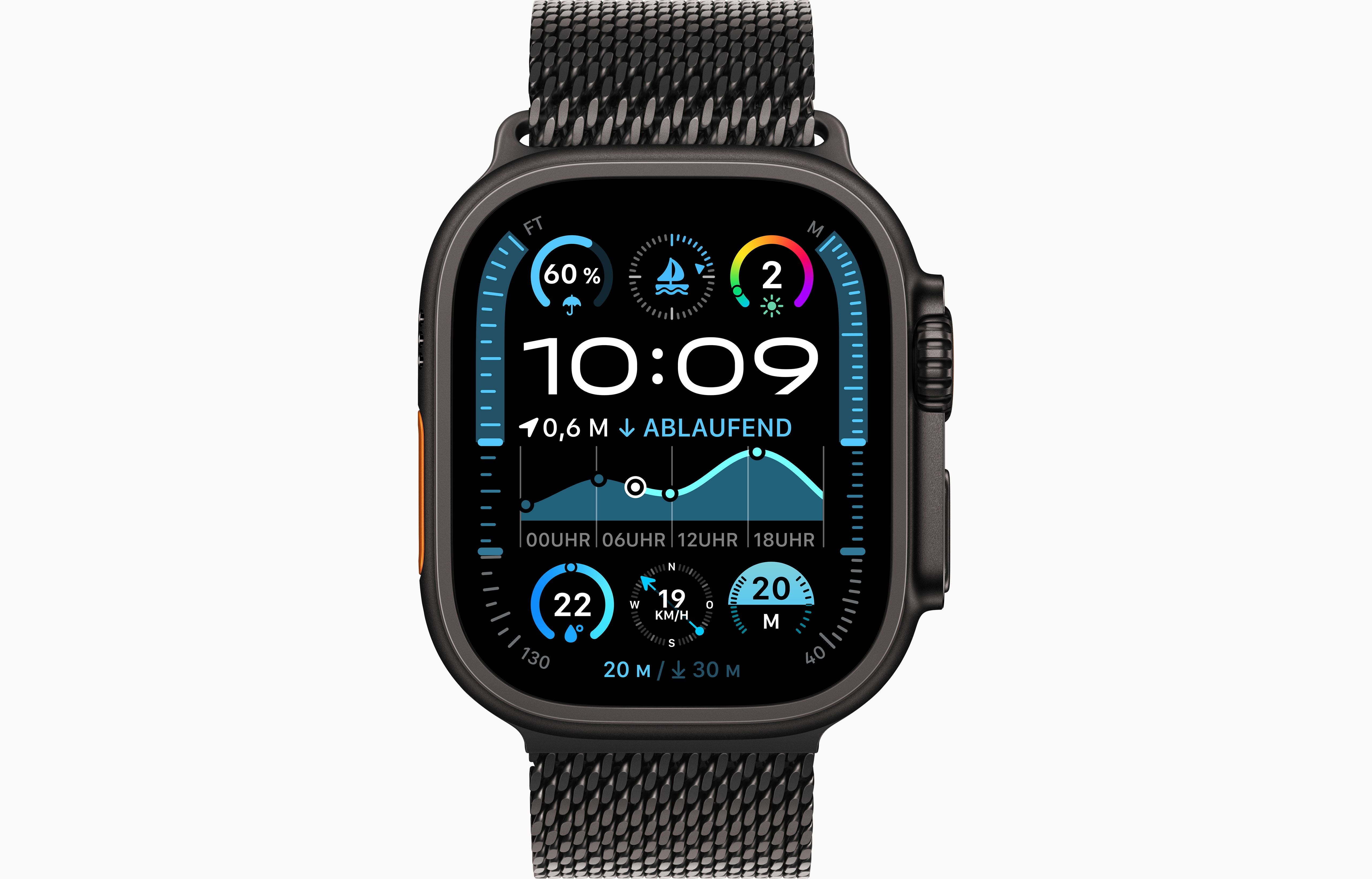 Smartwatch mit schwarzem Metallarmband und farbigem Always-On-Display, Frontansicht mit Fitnessdaten