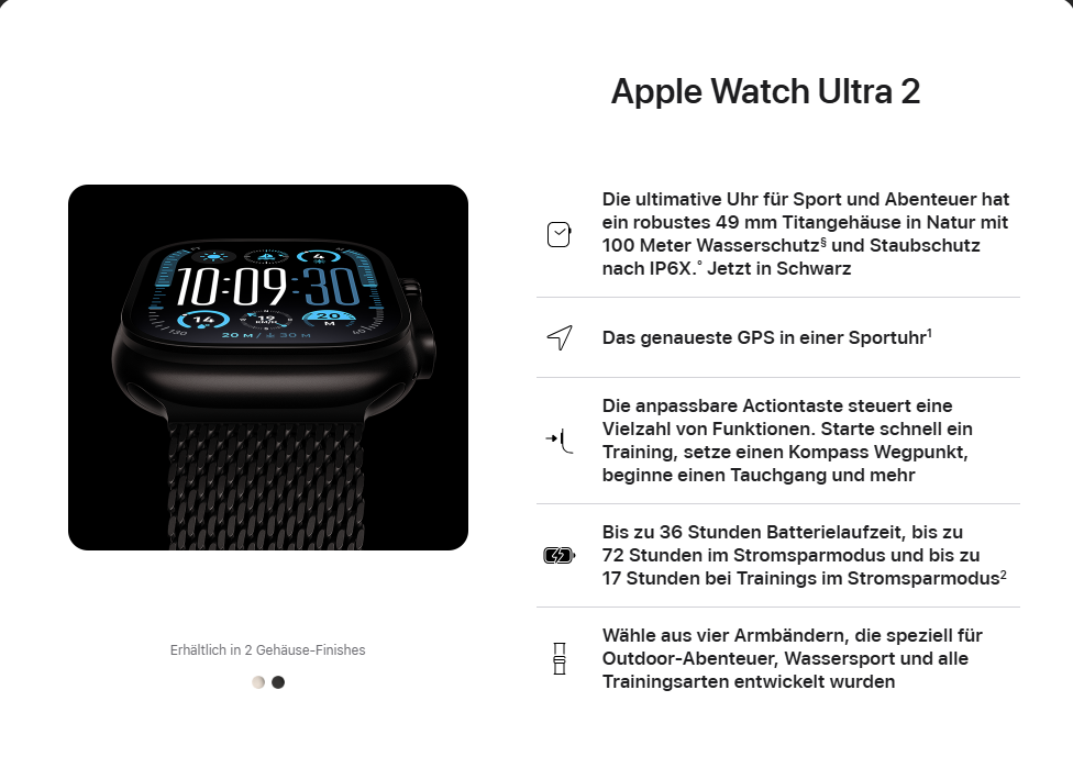 Produktinformationsgrafik zur Smartwatch mit technischen Daten und Funktionsübersicht