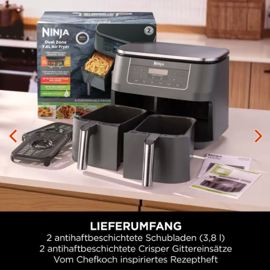 Airfryer in Küche mit hervorgehobenen Funktionen auf schwarzem Hintergrund