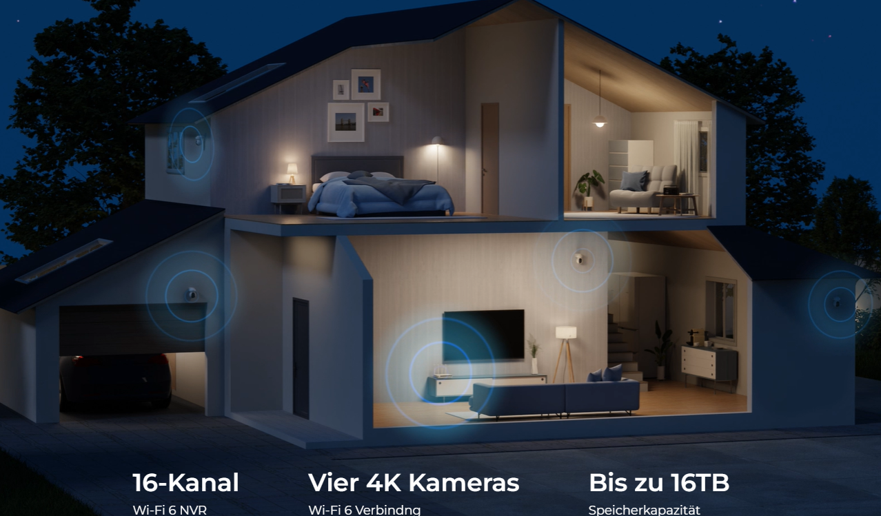 Visualisierung eines Hauses mit aktiver Kamerasicherung bei Tag und Nacht