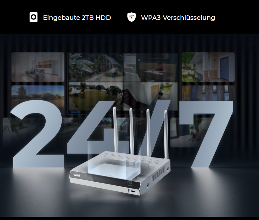 Marketinggrafik mit 24/7-Überwachung, Monitoranzeige und mehreren Kameraansichten