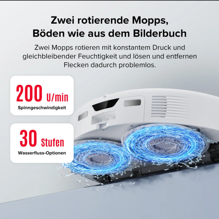 Infografik zu Wischfunktion mit rotierenden Pads und Angaben zur Wassermenge und Betriebsdauer