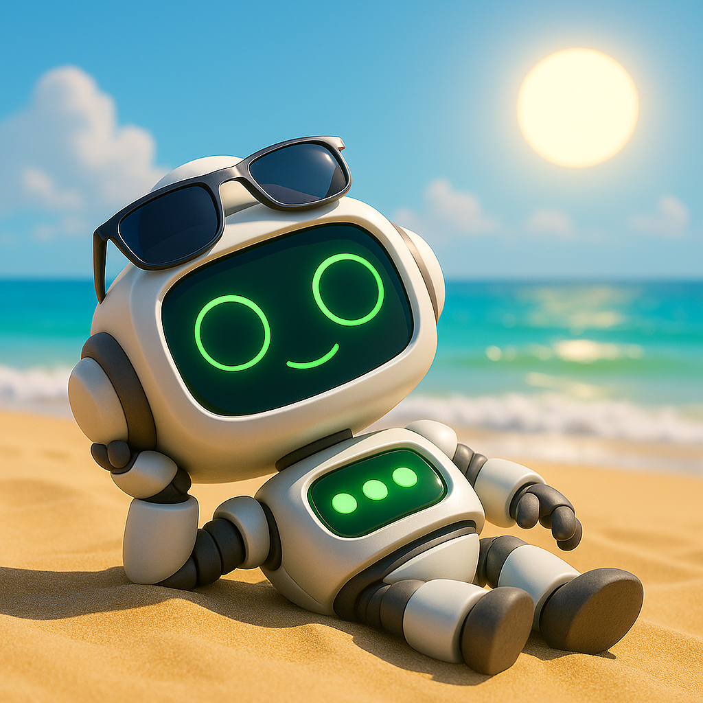 Niedlicher Roboter mit Sonnenbrille liegt entspannt am Strand, im Hintergrund das Meer und die Sonne