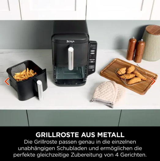 Vielfalt an Gerichten nebeneinander auf schwarzem Hintergrund mit Airfryer