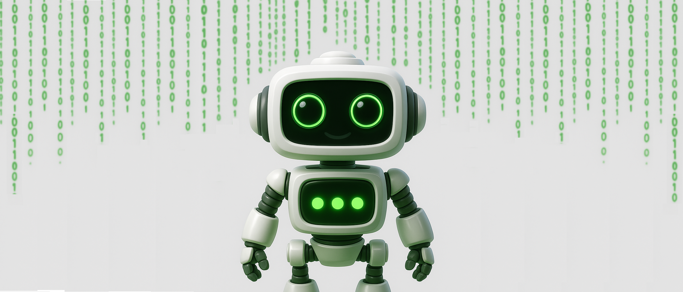 Grüner, freundlicher Roboter in digitalem Umfeld mit leuchtenden Augen