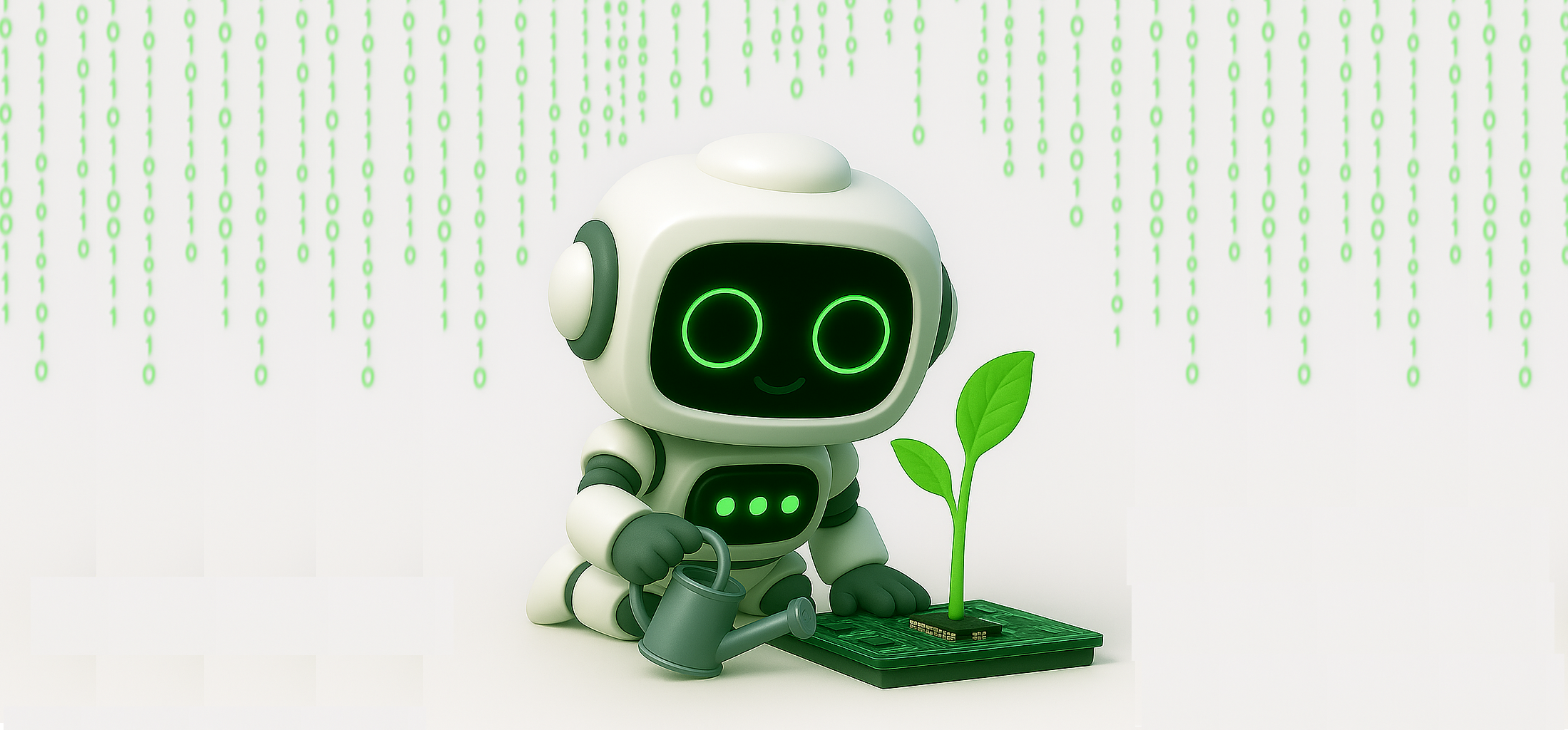 Kleiner Roboter mit grünem Display gießt eine Pflanze, die aus einem Computerchip wächst, vor digitalem Hintergrund mit Binärcode