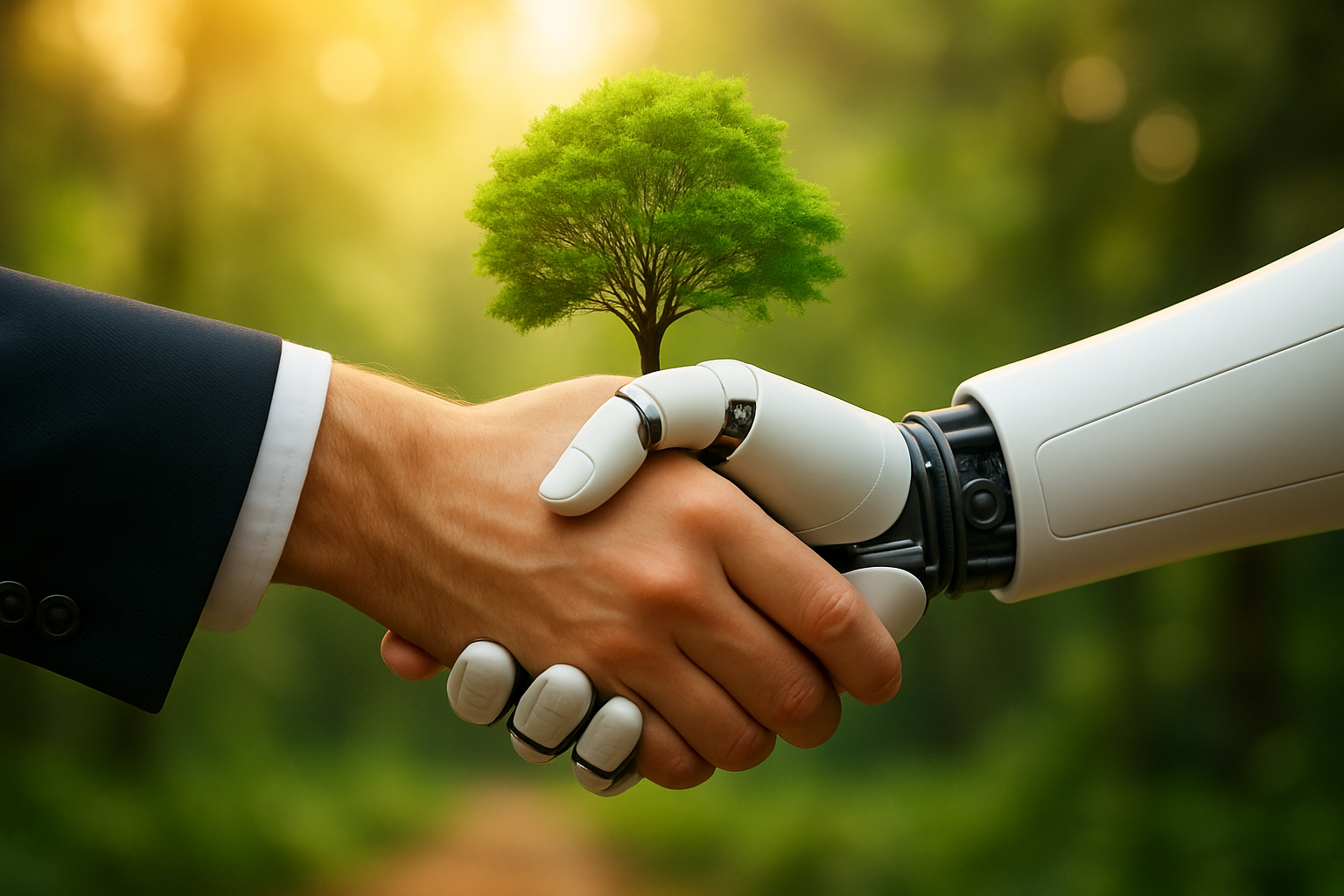 Ein Mensch in Anzug schüttelt die Hand eines Roboters, darüber wächst symbolisch ein Baum – Darstellung von Kooperation zwischen Technologie und Nachhaltigkeit