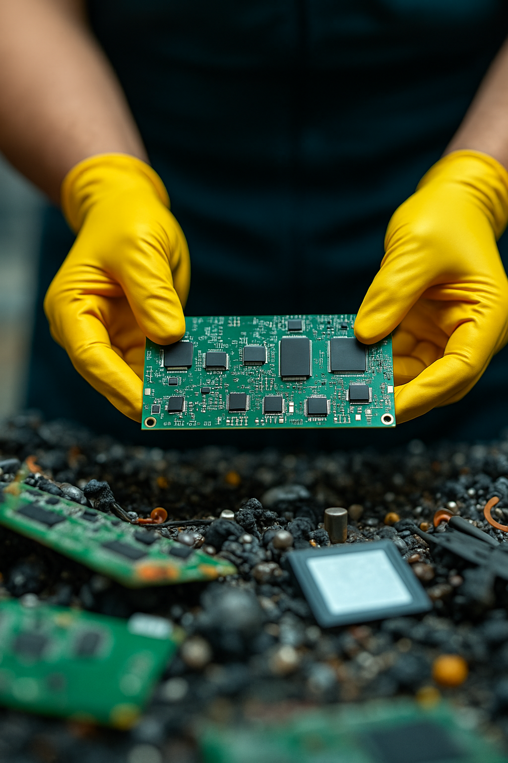 Person mit gelben Handschuhen hält eine grüne Leiterplatte über einem Haufen Elektroschrott mit weiteren Platinen und Bauteilen