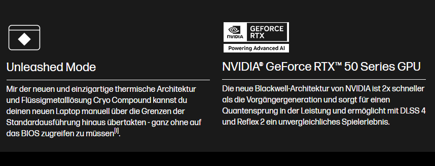 Produktinformationsgrafik mit technischen Daten des Laptops in weißer Schrift auf schwarzem Hintergrund