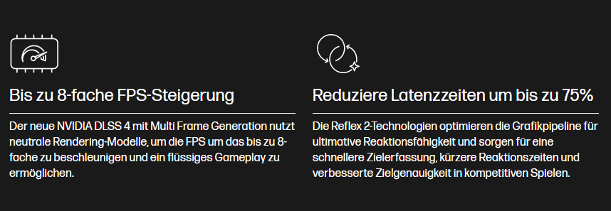 Details zu Prozessor, Grafikkarte und Displaytechnologie in Textform auf schwarzem Hintergrund