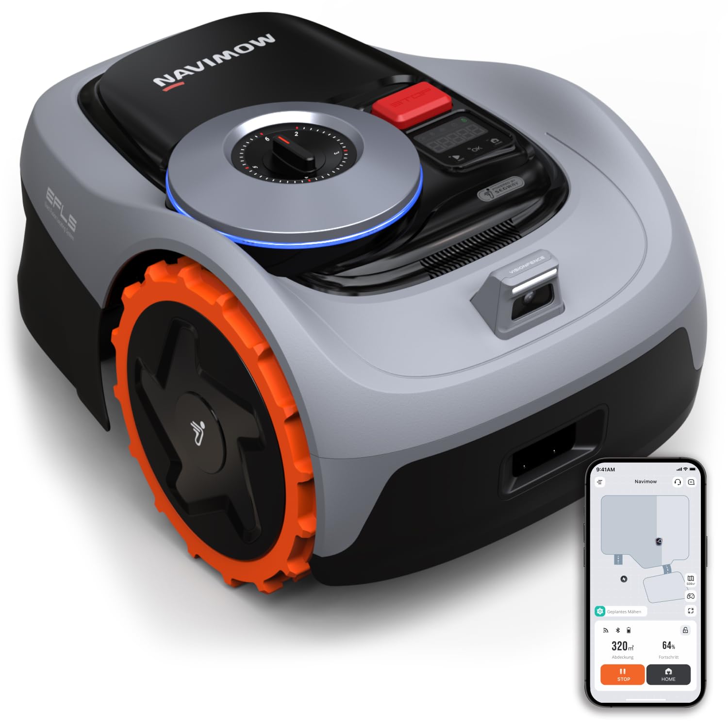 Rasenmähroboter mit schwarzem Bedienfeld, orangefarbenen Rädern und App-Steuerung über Smartphone, Frontansicht