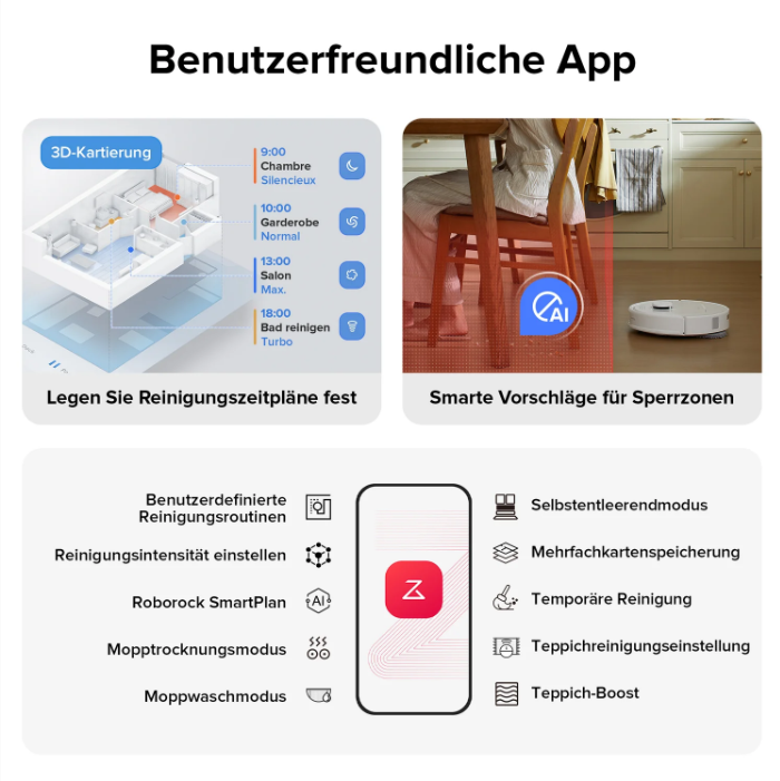 App-Funktionen des Saugroboters erklärt, inklusive Reinigungsplänen und Raumkarten