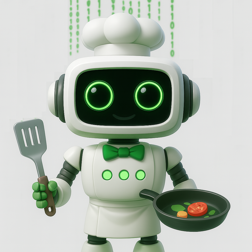 Freundlich dreinblickender, futuristischer Roboter mit leuchtend grünen Augen und Knöpfen, trägt eine weiße Kochjacke mit grüner Fliege und Kochmütze. In der einen Hand hält er eine Bratpfanne mit Gemüse, in der anderen einen Pfannenwender. Der Hintergrund zeigt grüne, vertikal fallende Binärzahlen