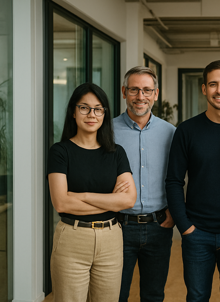 Drei Personen stehen nebeneinander in einem modernen Büroflur und lächeln freundlich in die Kamera – Darstellung eines vielfältigen und professionellen Teams