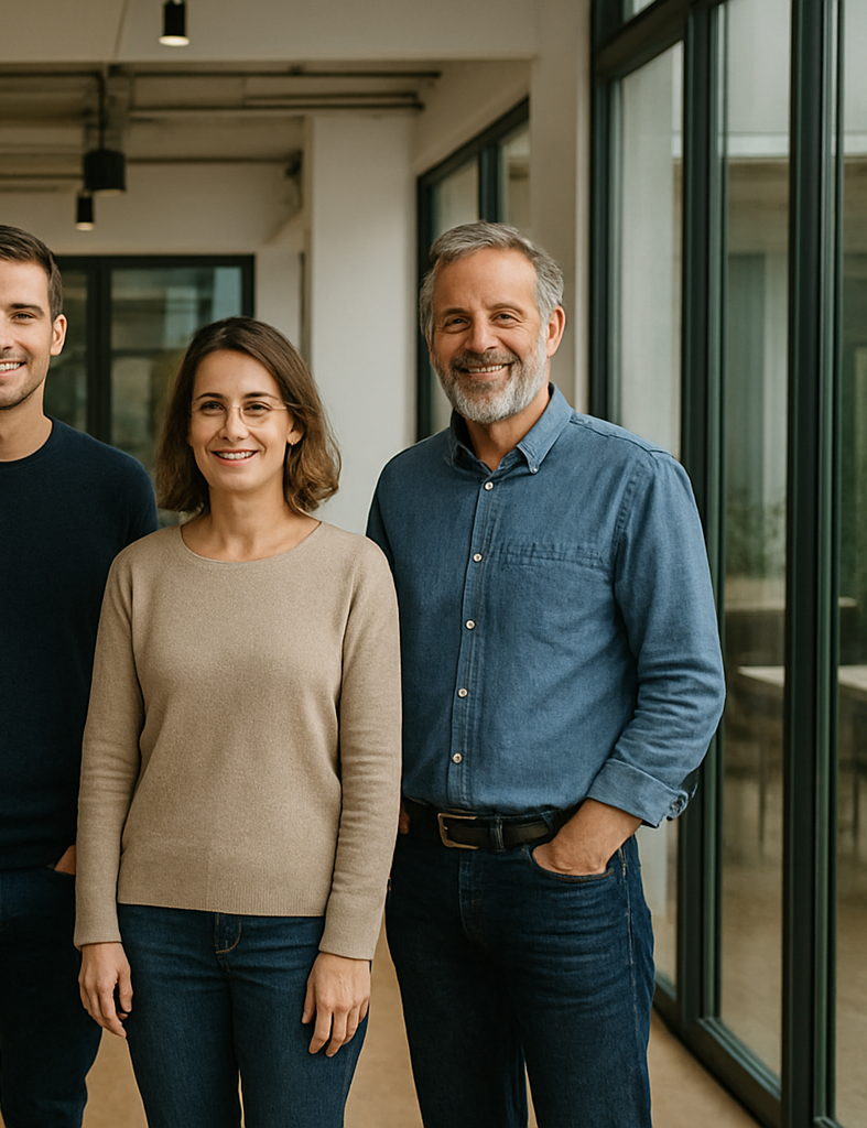 Drei Personen stehen im modernen Büroflur nebeneinander und blicken freundlich in die Kamera – ein authentisches Teamfoto mit natürlicher Ausstrahlung