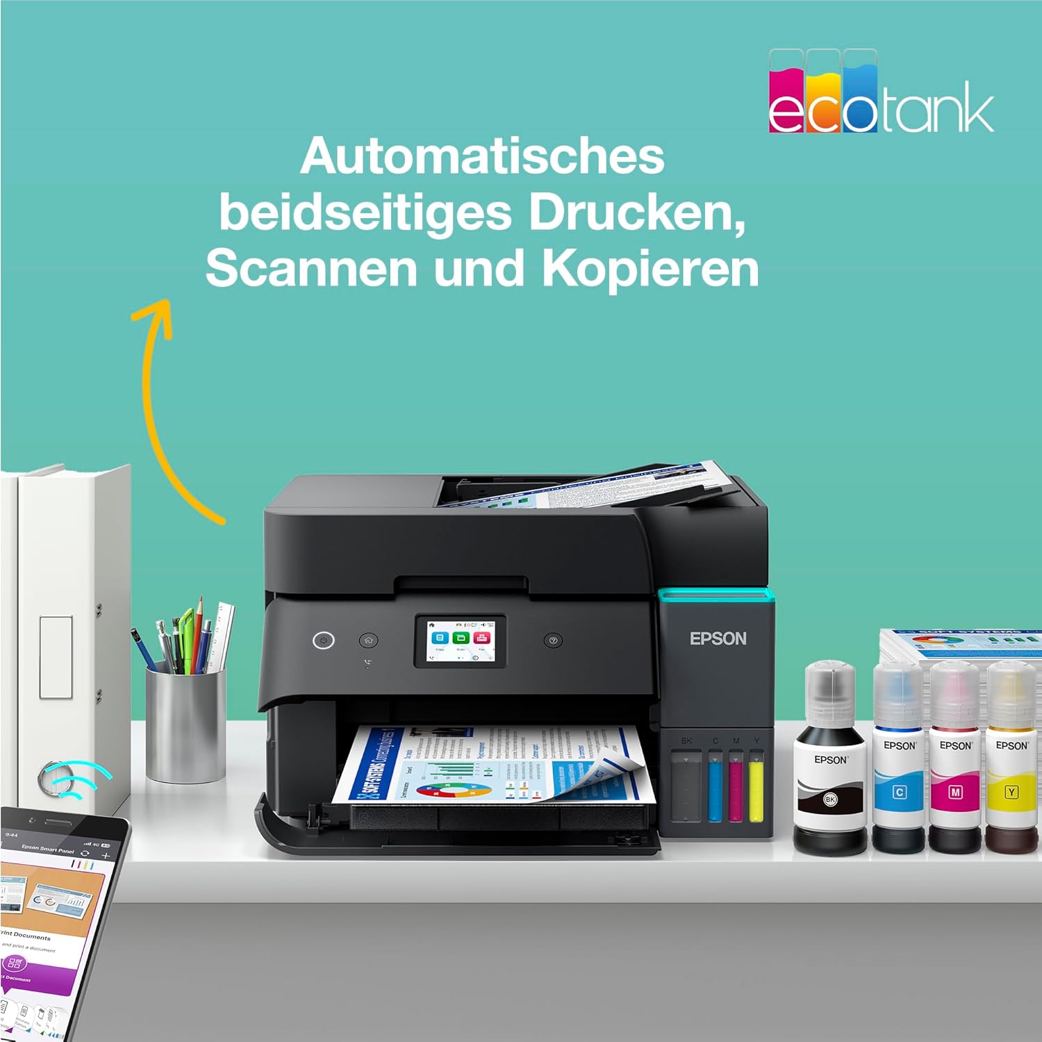 Epson EcoTank ET-4950 Drucker mit Wi-Fi, automatischem Dokumenteneinzug, Duplexdruck, Scan, Kopieren und Fax in schwarzer Farbe