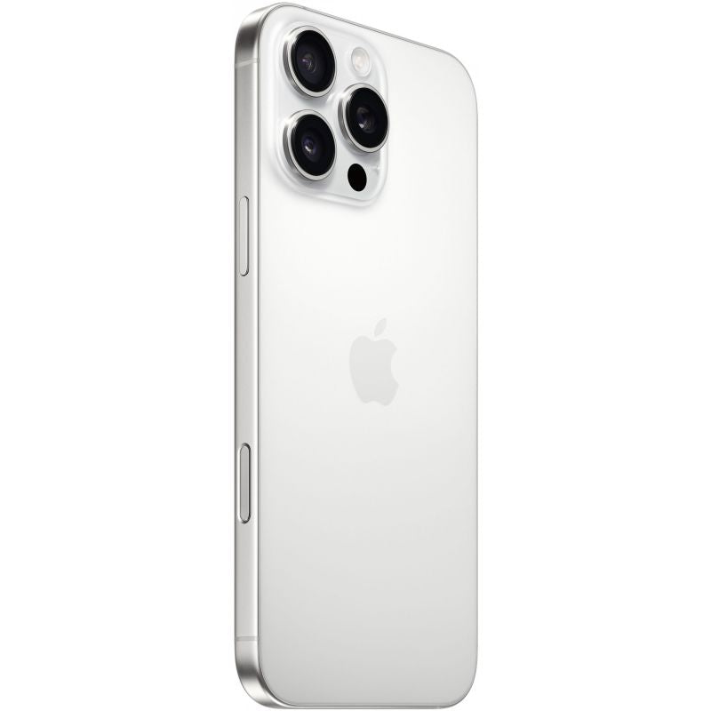 Smartphone in Silber mit glänzender Rückseite und Dreifachkamera, schräge Rückansicht
