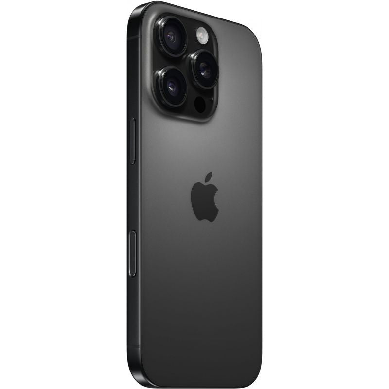Seitliche Rückansicht des schwarzen Smartphones mit Apple-Logo und Kameramodul
