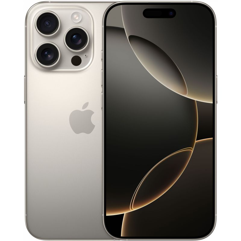 Smartphone in Titan mit Vorder- und Rückansicht, Display mit abstraktem gold-schwarzem Hintergrund und Dreifachkamera auf der Rückseite
