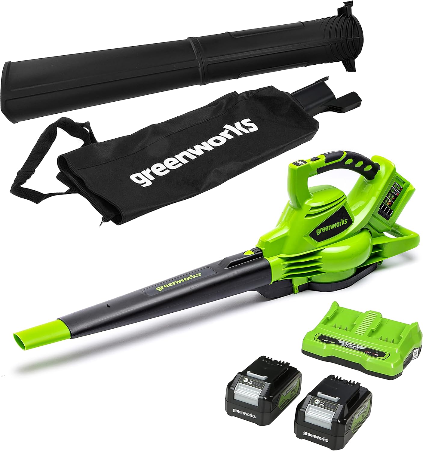 Greenworks GD24X2BVK4X Akku Laubsauger und Laubbläser mit Schultergurt, bürstenlosem Motor, 322 km/h, 45L Fangsack, inklusive Batterien