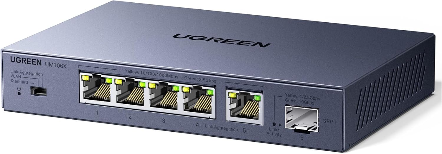 UGREEN CM753 2.5G LAN Switch mit 5X 2.5G Ports+1X10G SFP+ ,Unmanaged Netzwerk Switch für Computer,NAS,Server,WiFi 6 AP, Schnelle Datenübertragung,Desktop/Wandmontage Metallgehäuse - re:tech