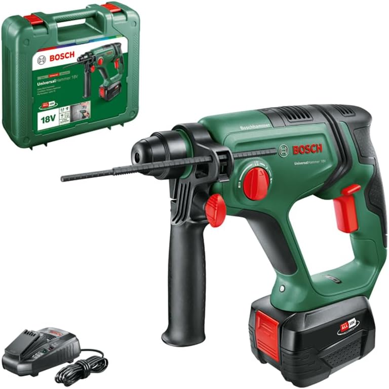 Bosch UniversalHammer 18V Akku-Bohrhammer mit SDS plus, Akku und Koffer, leistungsstark für Bohr- und Meißelarbeiten.