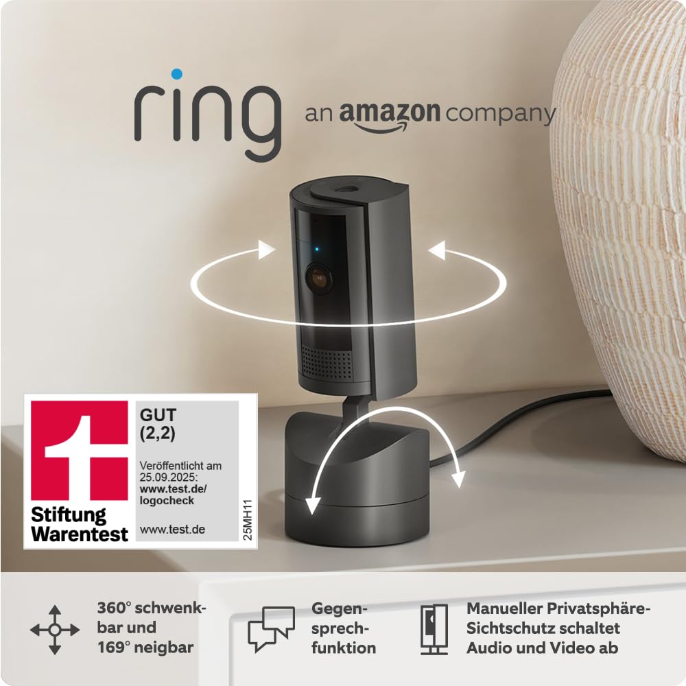 Bewegliche Ring-Innenkamera (Pan-Tilt Indoor Camera) von Amazon | Plug-in-Sicherheitskamera für Haustierbesitzer | 360° schwenkbar, 169° neigbar | 30 Tage Ring Protect