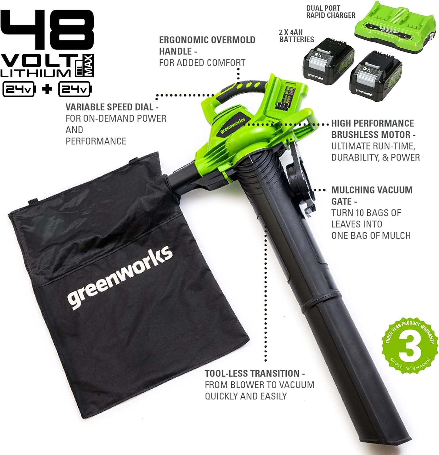 Greenworks GD24X2BVK4X Akku Laubsauger und Laubbläser mit Schultergurt, bürstenlosem Motor, 322 km/h, 45L Fangkorb.