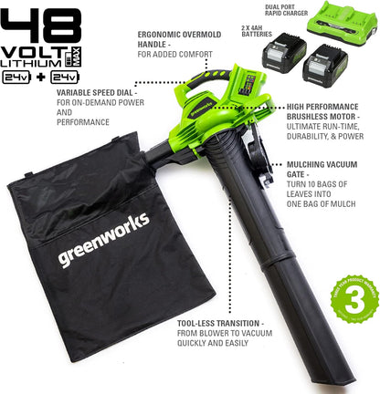 Greenworks GD24X2BVK4X Akku Laubsauger und Laubbläser mit Schultergurt, bürstenlosem Motor, 322 km/h, 45L Fangkorb.