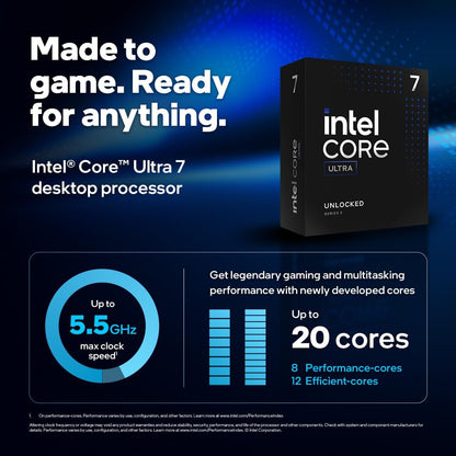 Intel® Core™ Ultra 7 265KF Desktop-Prozessor - LGA 1851 - 20 Kerne [8 P-Cores + 12 E-Cores] bis zu 5,5 GHz [Boxed , ohne Kühler]