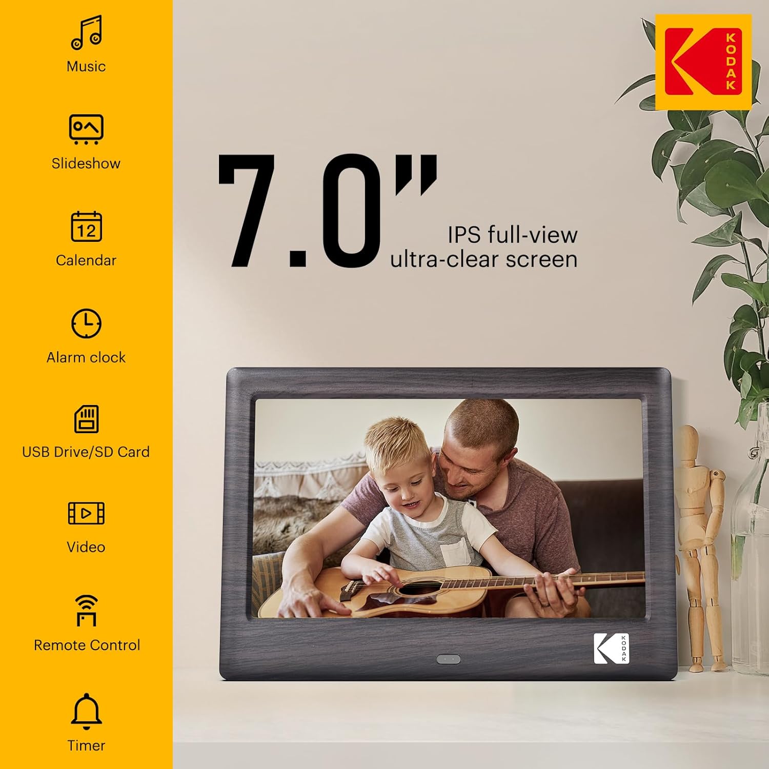 KODAK 7 Zoll Digitaler Bilderrahmen RDPF-708c, Elektronischer Fotorahmen, IPS-Bildschirm, Foto/Musik/Video Player/Kalender/Alarm, Unterstützung USB Oder SD Karte, Automatisch Drehende, mit Fernbedienung - re:tech