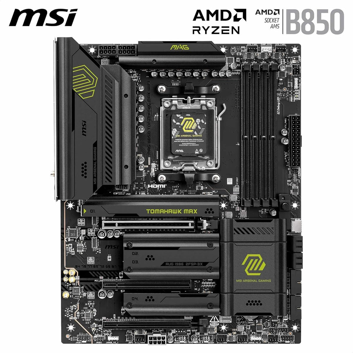 MSI MAG B850 Tomahawk MAX WiFi Mainboard, ATX - Unterstützt AMD Ryzen 9000/8000/7000 Prozessoren, AM5-80A SPS VRM, DDR5 Memory Boost 8400+ MT/s (OC), PCIe 5.0 x16, M.2 Gen5, Wi-Fi 7, 5G LAN