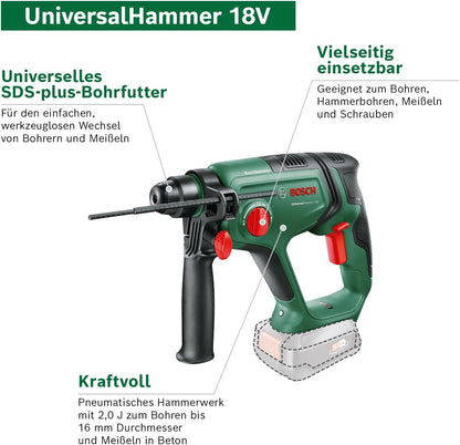 Bosch UniversalHammer 18V Akku-Bohrhammer mit SDS plus, inklusive Akku und Koffer, im Einsatz auf Baustelle.