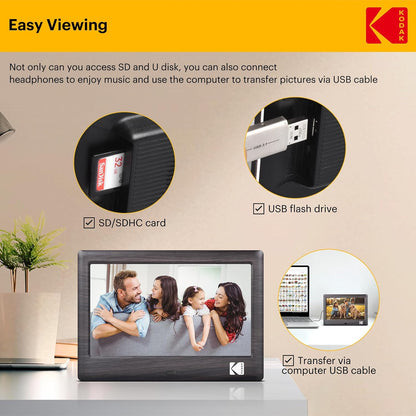 KODAK 7 Zoll Digitaler Bilderrahmen RDPF-708c, Elektronischer Fotorahmen, IPS-Bildschirm, Foto/Musik/Video Player/Kalender/Alarm, Unterstützung USB Oder SD Karte, Automatisch Drehende, mit Fernbedienung - re:tech