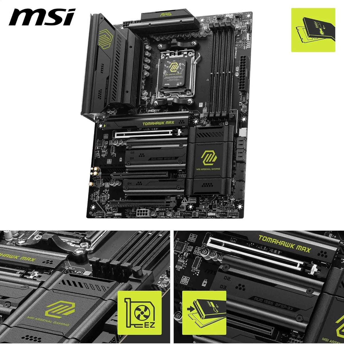 MSI MAG B850 Tomahawk MAX WiFi Mainboard, ATX - Unterstützt AMD Ryzen 9000/8000/7000 Prozessoren, AM5-80A SPS VRM, DDR5 Memory Boost 8400+ MT/s (OC), PCIe 5.0 x16, M.2 Gen5, Wi-Fi 7, 5G LAN