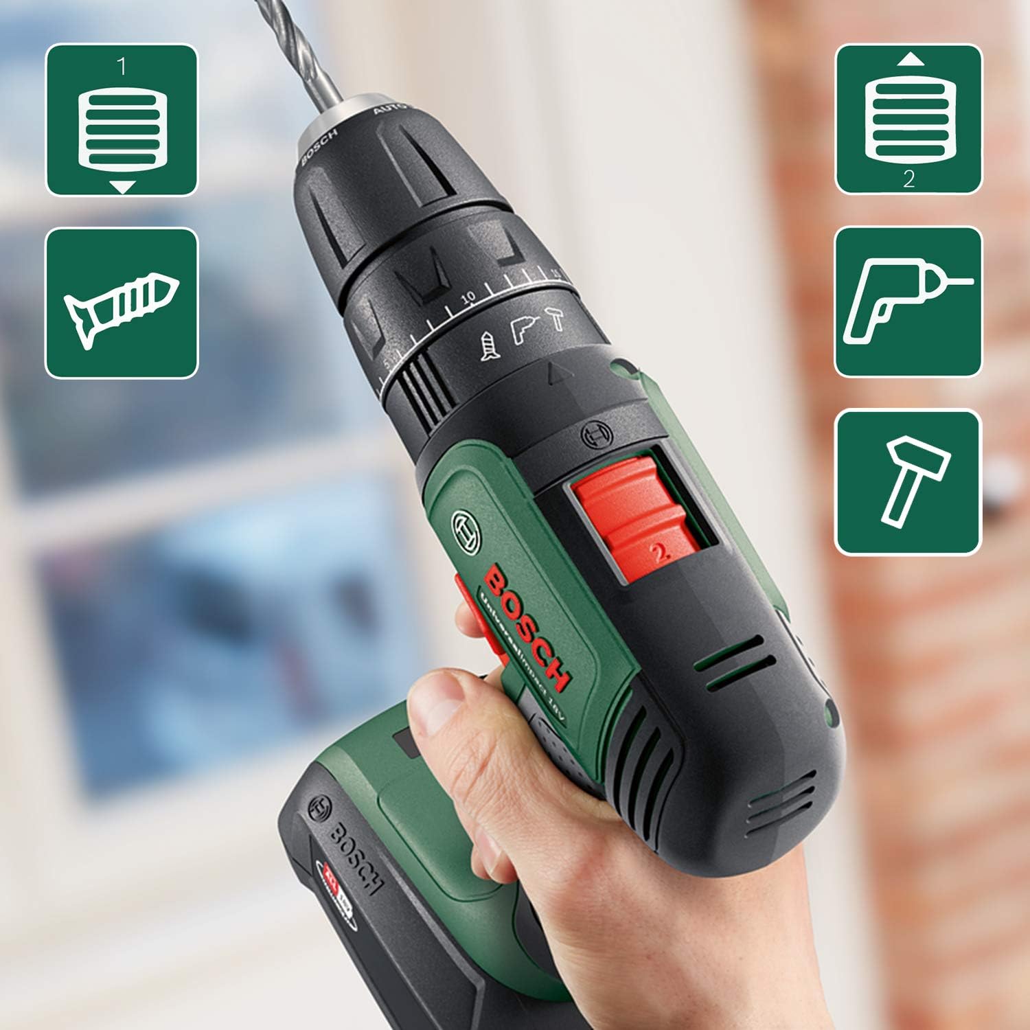 Bosch UniversalImpact 18V Akku-Schlagbohrschrauber im Koffer, 2-Gang-Getriebe, mit Akku und Zubehör, seitlich aufgenommen