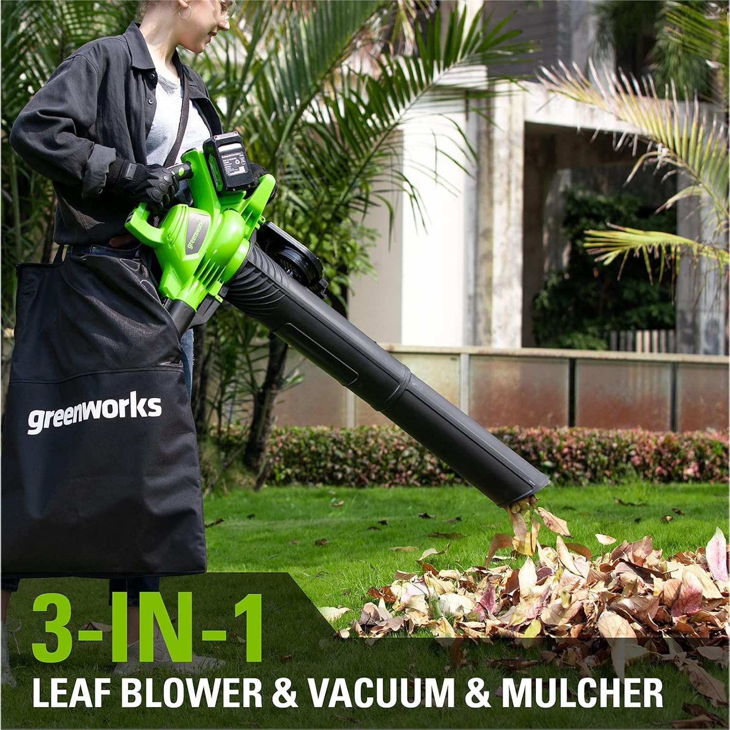Greenworks GD24X2BVK4X Akku Laubsauger und Laubbläser mit Schultergurt, bürstenlosem Motor, 322 km/h, 45L Fangkorb, inklusive Batterien