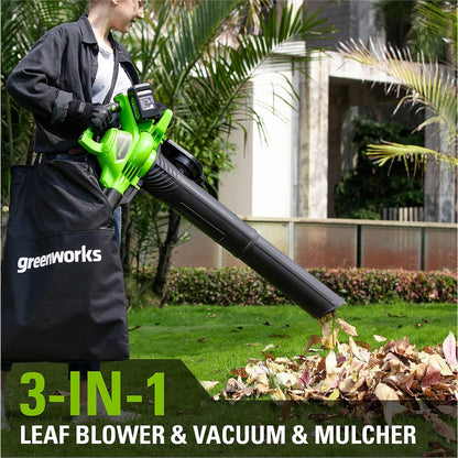 Greenworks GD24X2BVK4X Akku Laubsauger und Laubbläser mit Schultergurt, bürstenlosem Motor, 322 km/h, 45L Fangkorb, inklusive Batterien