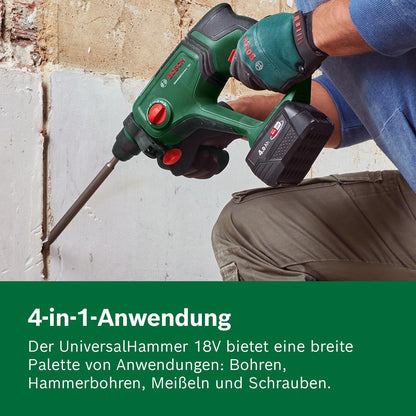 Bosch UniversalHammer 18V Akku-Bohrhammer mit SDS plus, inkl. Akku und Koffer, in Gebrauch mit Bohrarbeiten.
